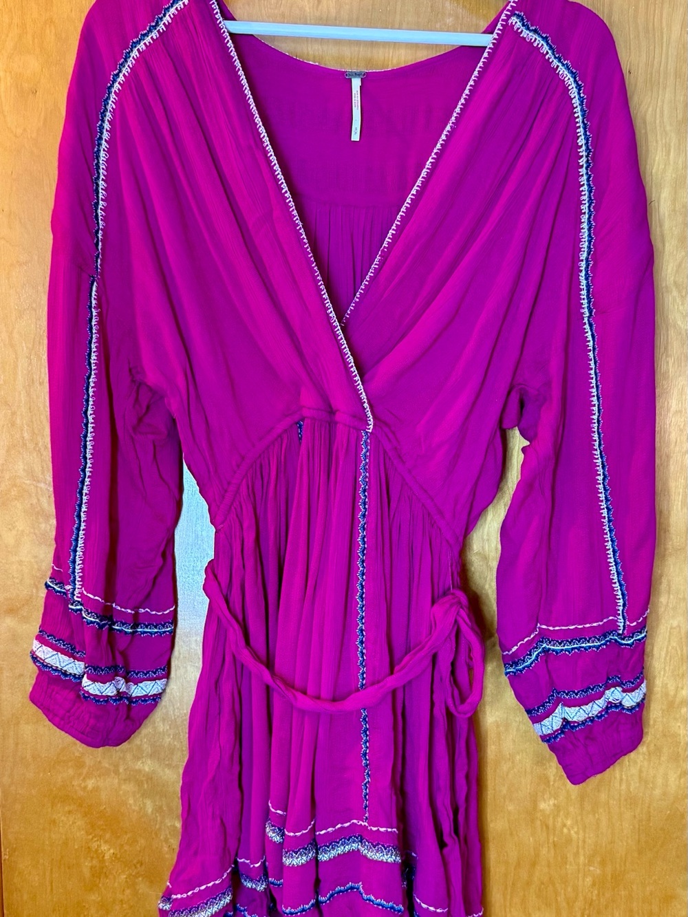 Free People Hot Pink Wrap Dress with Embroidered Trim…IT HAS POCKETS! - Picture 3 of 6